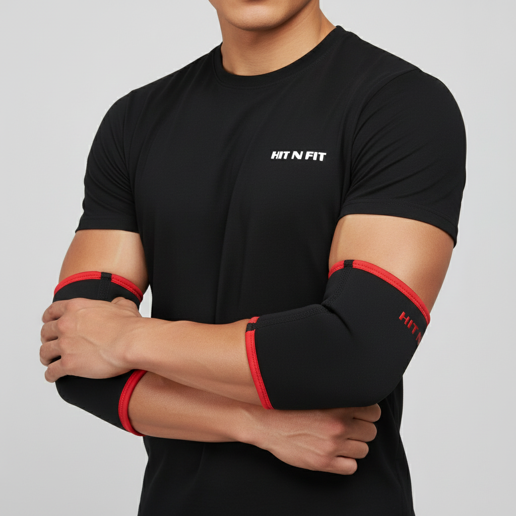 Black 'Hit N Fit' t-shirt and black elbow supports