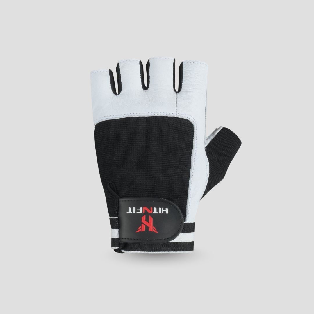 Black and white HIT N FIT premium leather weightlifting gloves